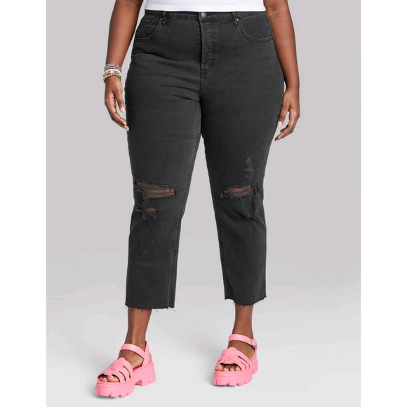 Wild Fable Super High Rise Distressed Black Ankle Jeans Button Fly - Picture 2 of 5